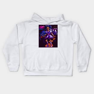 Anime girl with two puffs and lighting. Black afro anime girl in purple space fantasy scene ! beautiful  black girl with Braided hair, blue eyes, Cherry pink lips and dark brown skin. Hair love ! Kids Hoodie